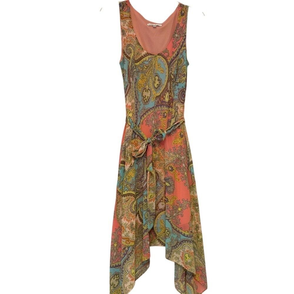 Robbie Bee Multi-Color Paisley Handkerchief Hem Sleeveless Belted Dress Size 4